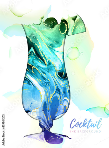 Artistic pina colada cocktail silhouette with alcohol ink texture. Marble texture background