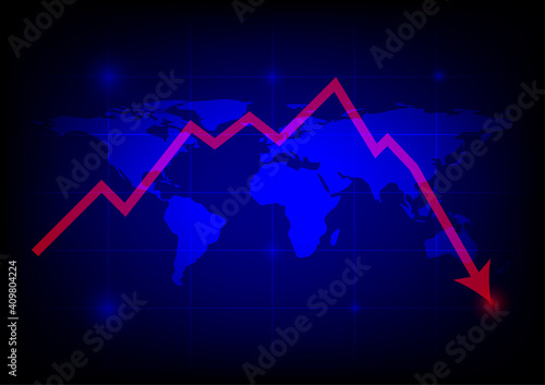 Red graph drop arrow down with world map on blue technology background. Money losing. Stock crisis and finance concept.