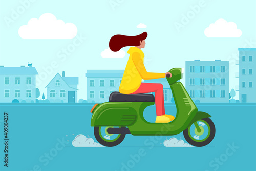 Girl riding retro style scooter on city road. Young woman drives green moped on street. Female vintage motorcycle driver. Hipster on bike life in motion lifestyle vector eps illustration