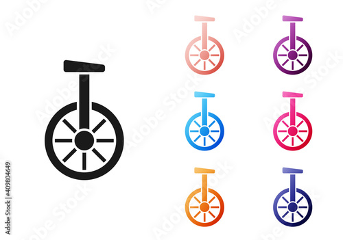 Black Unicycle or one wheel bicycle icon isolated on white background. Monowheel bicycle. Set icons colorful. Vector.