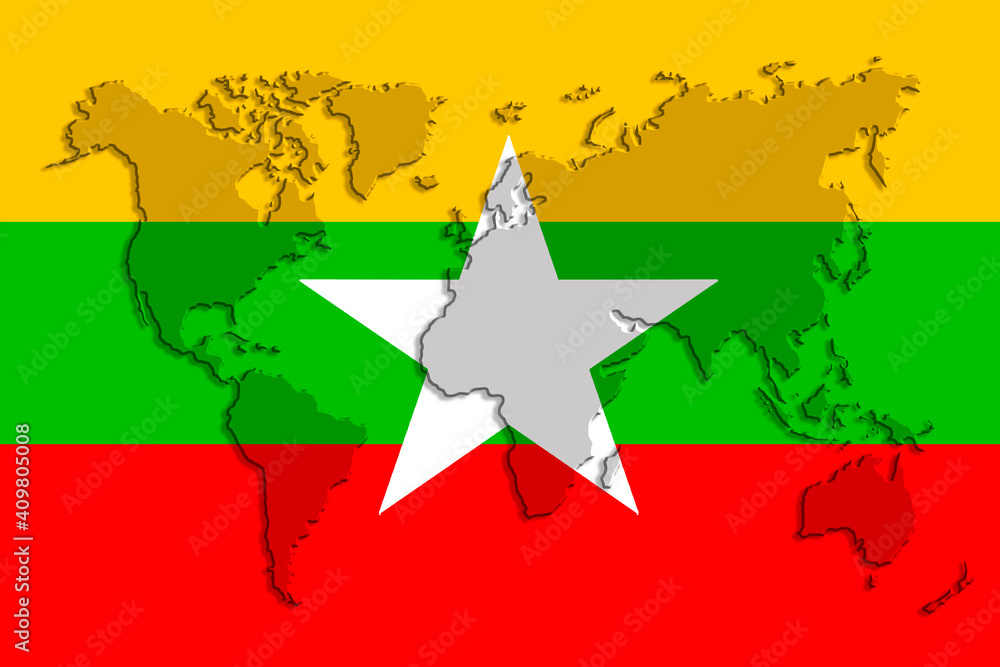 Fototapeta premium national flag of the state of Myanmar on beautiful silk, the concept of tourism, emigration, economy, politics, civil rights and freedoms