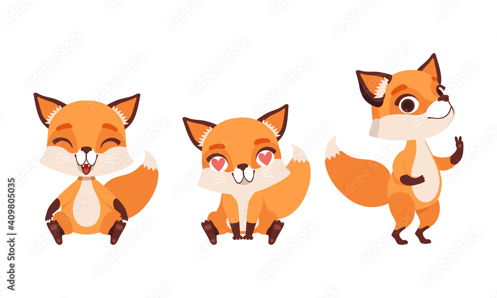 Adorable Little Fox in Various Emotions Set, Lovely Baby Animal Cartoon Character with Various Face Expression Vector Illustration