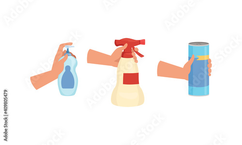 Woman Hand with Cleaning Tool Set, Hand Holding Detergent Bottles, Housework Supplies, Housekeeping Concept Cartoon Style Vector Illustration