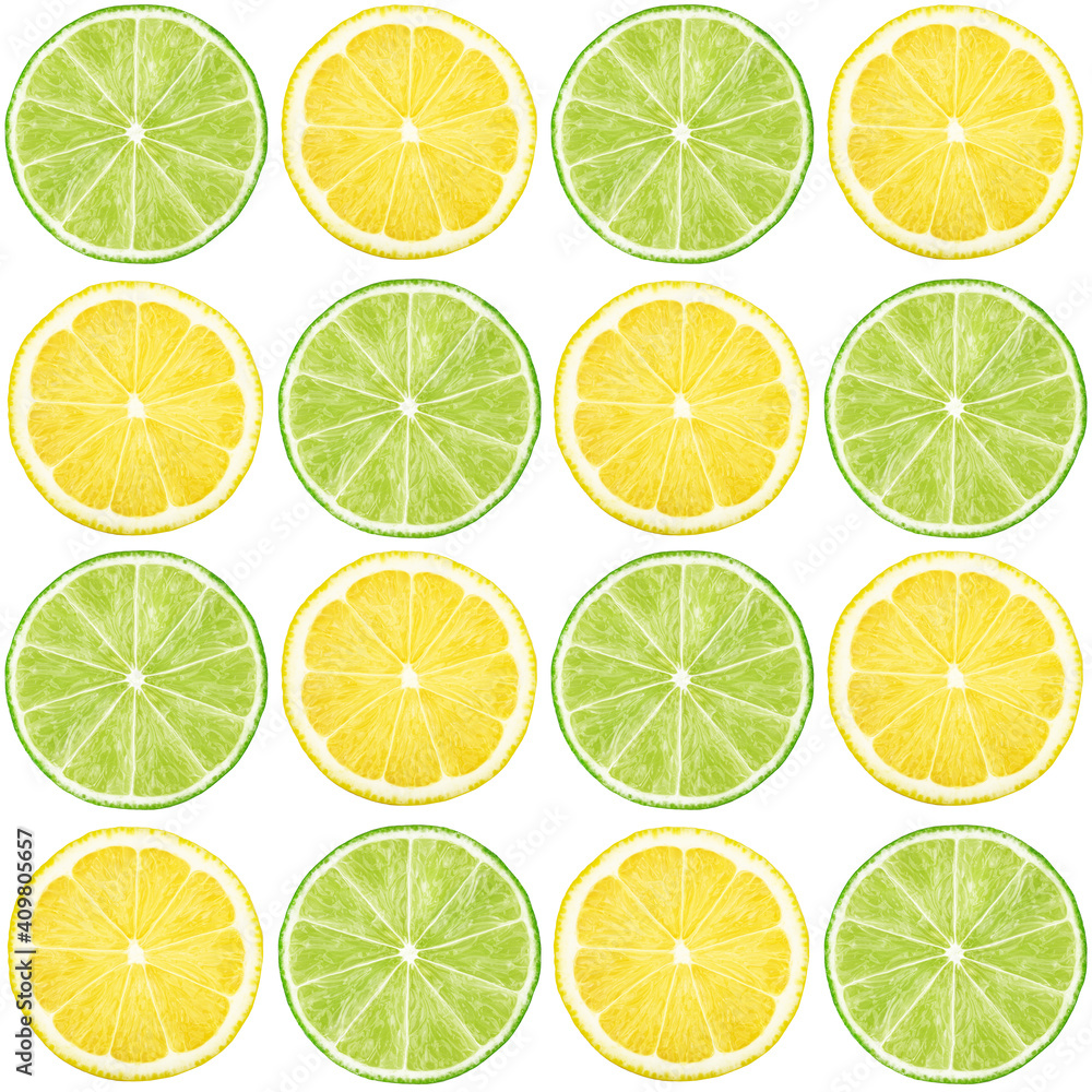 Fruit endless pattern made with lime and lemon isolated on white background.