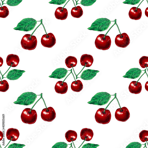 Watercolor cherry seamless pattern on a white background.