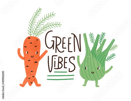 Vegan and vegetarian food concept. Sticker with Green Vibes inscription and cute fresh organic vegetables isolated on white background. Eco sticker. Colorful flat textured vector illustration