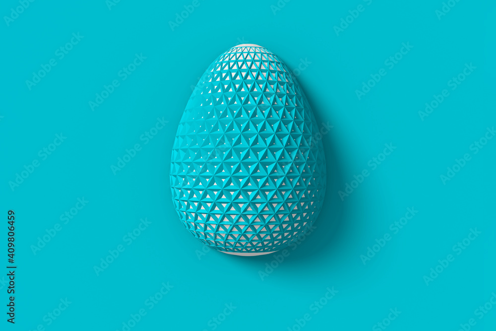 Easter concept. One single white egg with geometric parametric original cut out changing patterns on the surface on a blue background. 3d illustration Easter concept. One single white egg with geometric parametric original cut out changing patterns on the surface on a blue background. 3d illustration