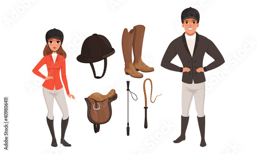 Equestrian Sport Set, Man and Woman Professional Jockeys and Sports Equipment Cartoon Style Vector Illustration