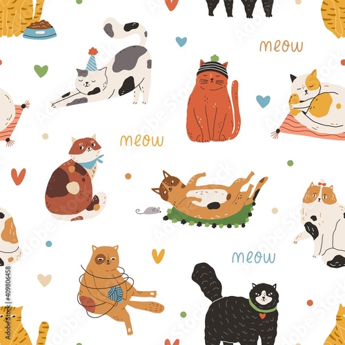 Seamless pattern with Meow inscription and cute funny cats playing and sleepi...