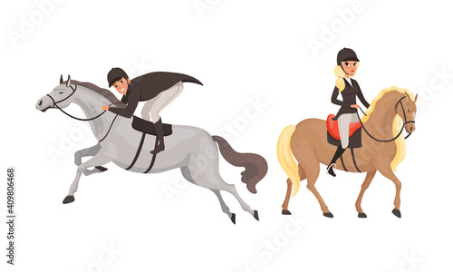 Equestrian Sport Set, Man and Woman Pacticing Horseback Riding Cartoon Style Vector Illustration