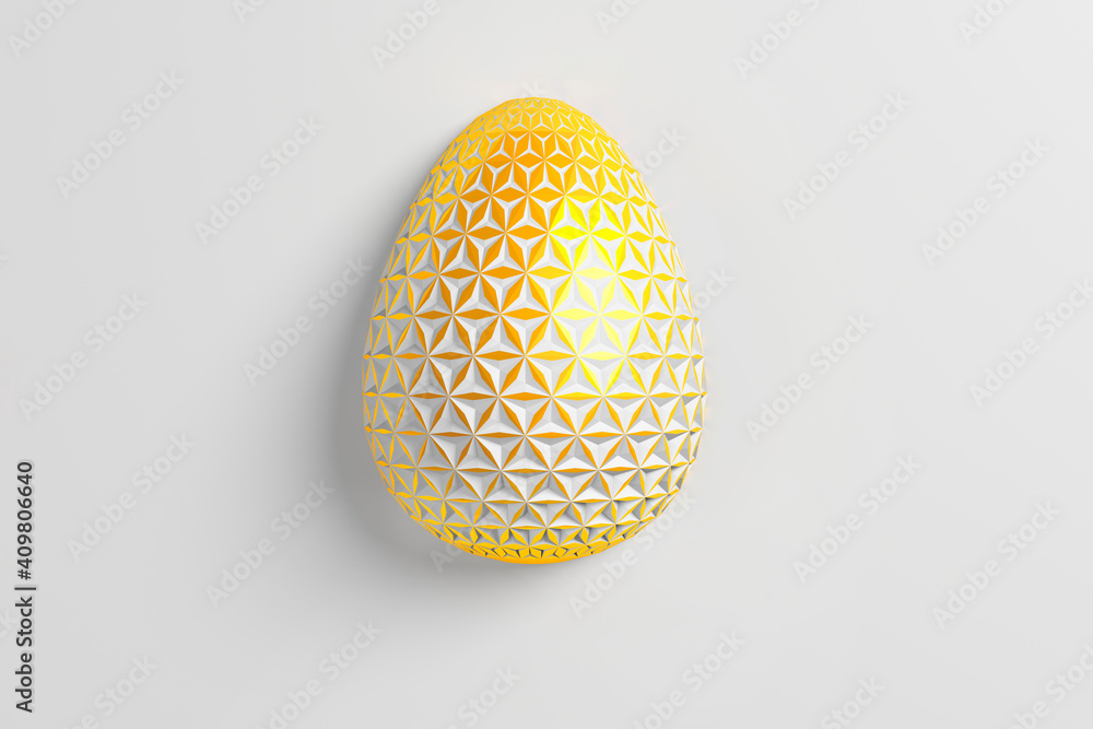 Easter concept. One single white golden egg with geometric original changing patterns on the surface on a white background. 3d illustration Easter concept. One single white golden egg with geometric original changing patterns on the surface on a white background. 3d illustration