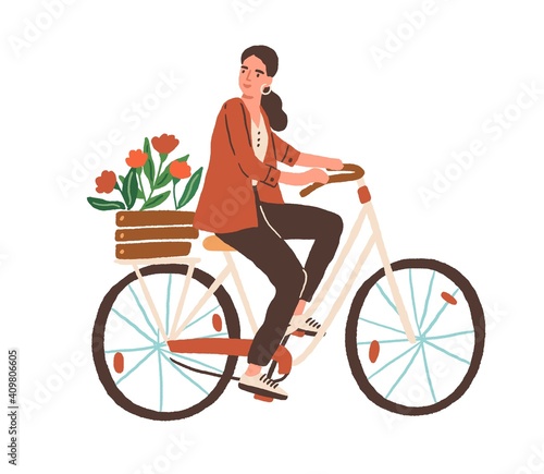 Young woman riding city bicycle in retro style with wooden box of spring flowers. Cycling female character isolated on white background. Hand-drawn colored flat vector illustration