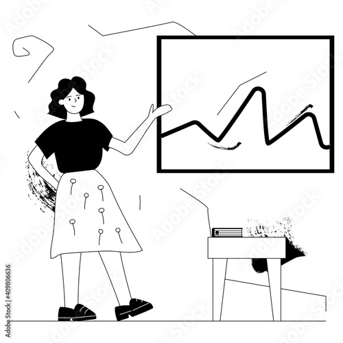 The girl sums up the results of the quarter, business analytics, infographics. Vector illustration in trendy flat linear minimal style