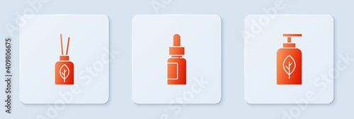 Set Essential oil bottle, Aroma diffuser and . White square button. Vector.