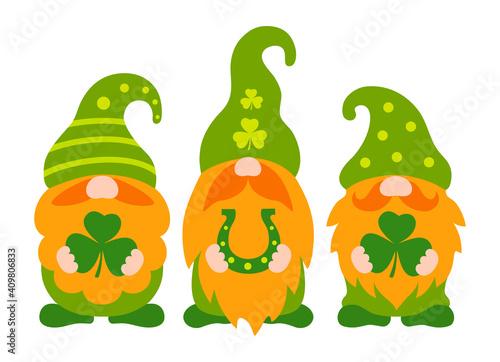 St patrick day gnomes holding shamrock. Cute three dwarf with red beards and green hats. Vector illustration with characters for St patrick's day. Irish gnomes in cartoon style. Holiday greeting card