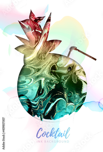 Artistic pina colada cocktail silhouette with alcohol ink texture. Marble texture background