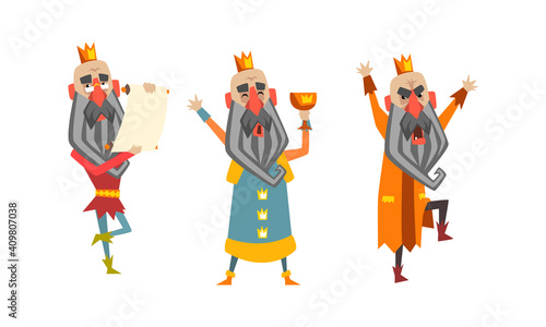 Funny Warlike King Character Set, Old Comic Bald Bearded King Wearing Gold Crown Cartoon Style Vector Illustration