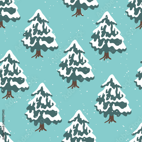 Winter seamless pattern with Christmas tree and snowflakes on color background. Vector illustration for fabric  textile wallpaper  posters  gift wrapping paper. Merry Christmas and New year Vector.