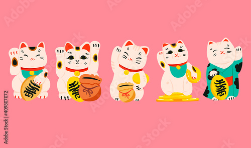 Isolated Maneki Neko collection. Set of various asian lucky cat symbols. Japan culture decoration   cartoon clipart. Fortune sign  folklore toy. Japanese world means  1000 customers come .