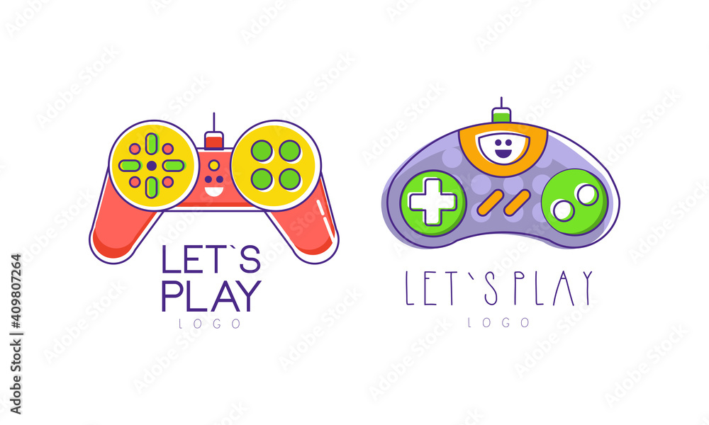 Lets Play Logo Collection, Video Computer Games Labels Outline Vector Illustration