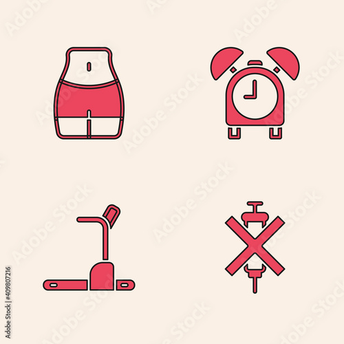 Set No doping syringe, Women waist, Alarm clock and Treadmill machine icon. Vector.