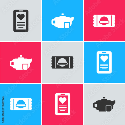 Set Medical clipboard, Teapot with cup and Sports nutrition icon. Vector.