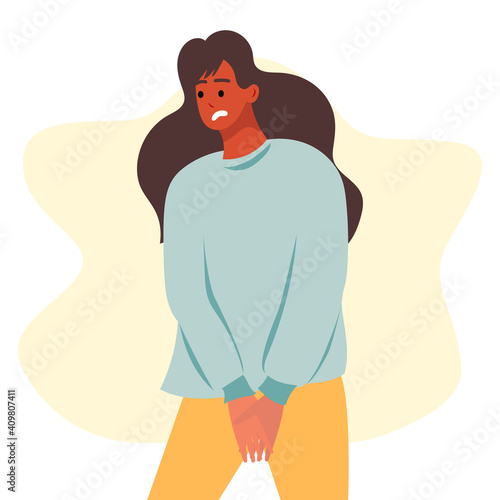 Vector cartoon illustration of shy girl. Isolated on white background.