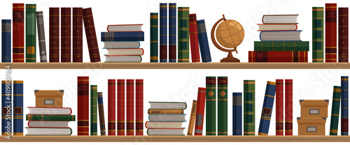 Wooden bookshelf with many books and an antique globe and cardboard storage boxes, on white background. Vector illustration in flat cartoon style.