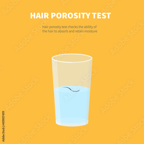 Natural hair porosity float test infographics. Strand with low cuticle porosity in a glass of water. Vector cartoon illustration on yellow background.