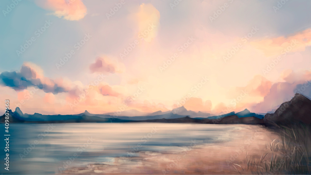 Fototapeta premium Digital painting Dawn at sea
