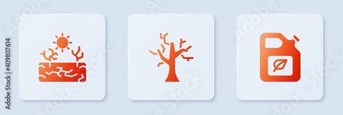 Set Withered tree, Drought and Bio fuel canister. White square button. Vector.