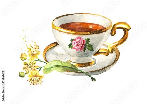 Cup of herbal linden tea with bunch of fresh linden flowers. Hand drawn watercolor illustration isolated on white background