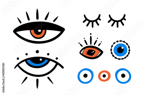 Set, collection of vector decorative eyes icons, evil eyes symbols. Intuition and spirituality concept.
