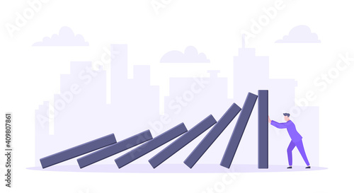 Domino effect or business resilience metaphor vector illustration concept. Adult young businessman pushing falling domino line business concept of problem solving and stopping domino chain reaction.