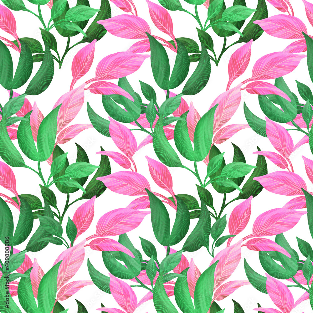 seamless pattern with bright tropical leaves in green and pink, the leaves have clear lighter veins, isolated on a white background, stock illustration seamless pattern with bright tropical leaves in green and pink, the leaves have clear lighter veins, isolated on a white background, stock illustration