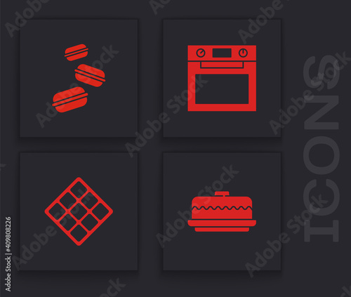 Set Cake, Macaron cookie, Oven and Waffle icon. Vector.