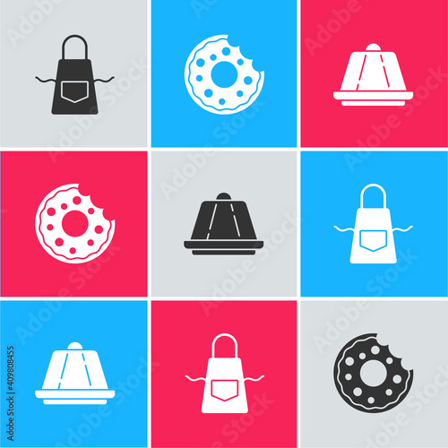Set Kitchen apron, Donut and Pudding custard icon. Vector.