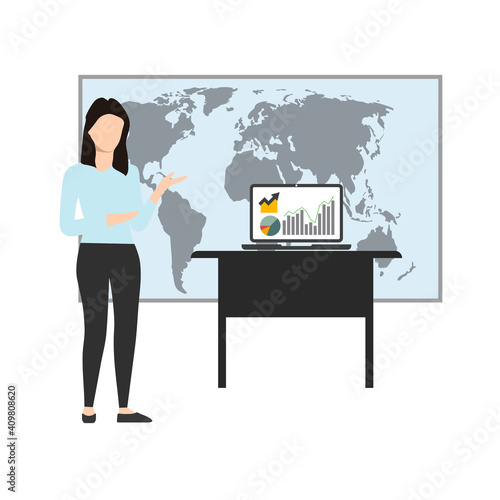 Business presentation. Businesswoman standing near the blackboard making a presentation. Indicates and explains the diagram, gives the report. Vector illustration of a flat design style. Businesswoman