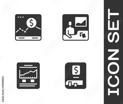 Set Financial book, Website with growth graph, and Trading courses icon. Vector.