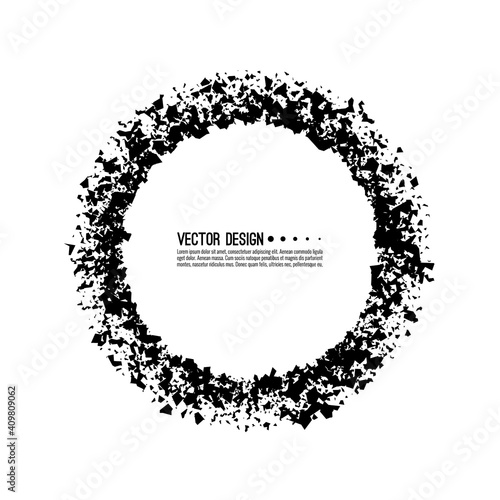 Explosive black banner. Vector circle breaking into small debris with sharp particles.