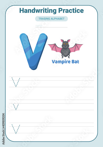 Alphabet tracing practice Letter V. Tracing practice worksheet. Learning alphabet activity page.