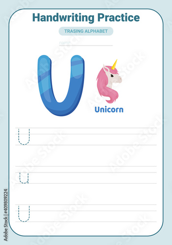 Alphabet tracing practice Letter U. Tracing practice worksheet. Learning alphabet activity page.