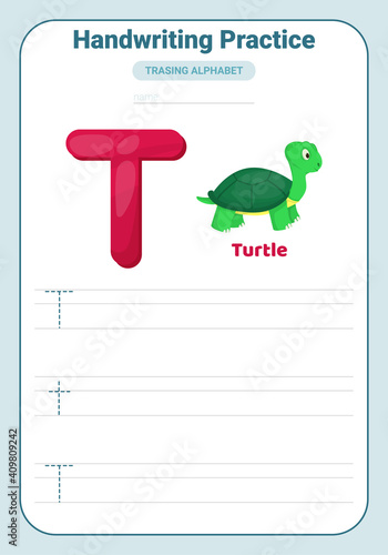 Alphabet tracing practice Letter T. Tracing practice worksheet. Learning alphabet activity page.