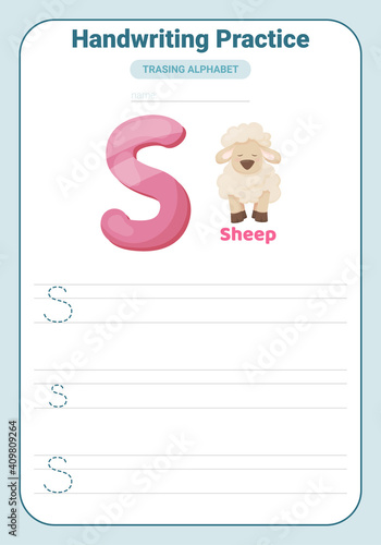 Alphabet tracing practice Letter S. Tracing practice worksheet. Learning alphabet activity page.