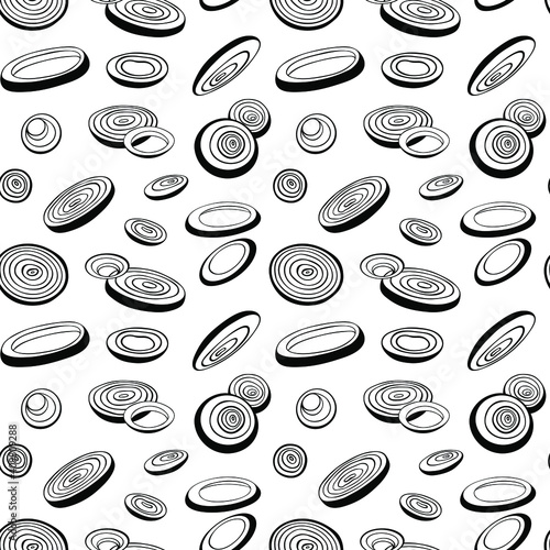 Vector seamless pattern with falling onion rings and onion slices. Sliced onion. Outline drawing. 