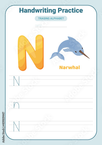 Alphabet tracing practice Letter N. Tracing practice worksheet. Learning alphabet activity page.