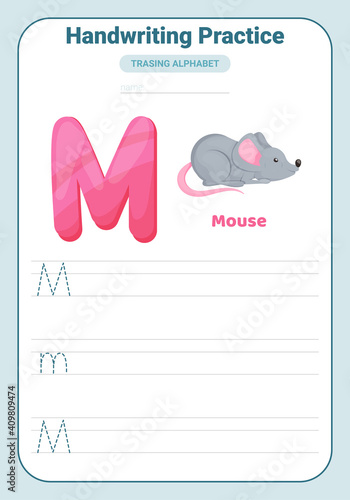Alphabet tracing practice Letter M. Tracing practice worksheet. Learning alphabet activity page.