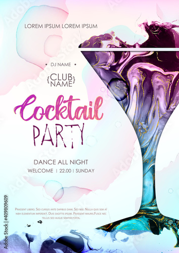 Cocktail disco party poster. Artistic cosmopolitan cocktail silhouette with alcohol ink texture.  Marble texture background