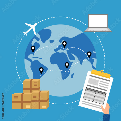 Online business trading with express international shipping concept vector illustration. Computer, airplane, package and document in flat design.