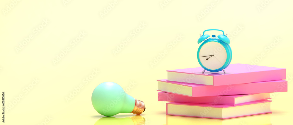 Alarm clock Blue Retro and Bulb on the Purple Modern books and Education time Concept in Yellow background.Copy Space,design for banner - 3d rendering Alarm clock Blue Retro and Bulb on the Purple Modern books and Education time Concept in Yellow background.Copy Space,design for banner - 3d rendering